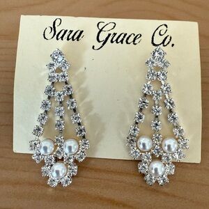 Silver and White Pearl Crystal Drop Earrings